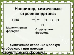 Например, химическое строение метана: Н СН4 Н С Н Н Химическое строение молекул