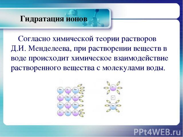 Гидратация ионов Согласно химической теории растворов Д.И. Менделеева, при растворении веществ в воде происходит химическое взаимодействие растворенного вещества с молекулами воды.