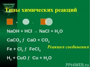 Типы химических реакций + → NaOH + HCl → NaCl + H2O CaCO3 → CaO + CO2 Fe + Cl2 →