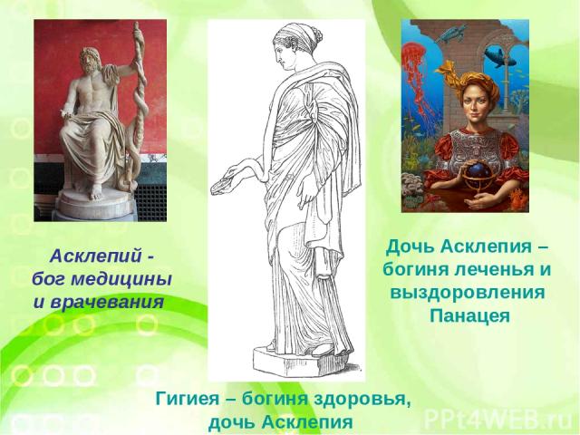 Гигиея – богиня здоровья, дочь Асклепия Дочь Асклепия – богиня леченья и выздоровления Панацея    Асклепий - бог медицины и врачевания