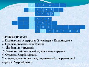 1. Рыбная продукт 2. Правитель государства Хулагидов ( Ельханидов ) 3. Правитель