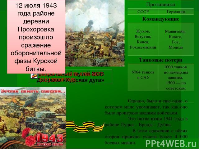 12 июля 1943 года районе деревни Прохоровка произошло сражение оборонительной фазы Курской битвы. Однако, было и еще одно, о котором мало упоминают, так как оно было проиграно нашими войсками. Это битва июня 1941 года в районе Луцка – Броды – Дубна.…