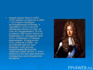 Новый король Яков II (1633-1701) взошел на престол в 1685 г. Он открыто проводил