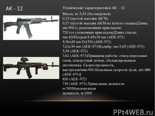 АК - 12 Технические характеристики АК – 12 Масса, кг:3,53 (без патронов) 0,23 (п