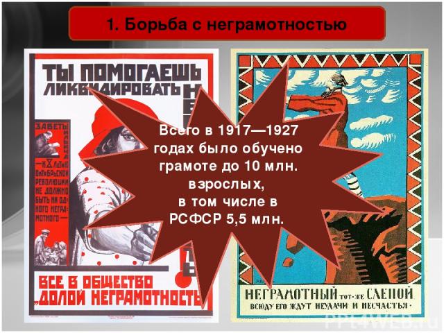 Советские агитационные плакаты 1920-х гг. 1. Борьба с неграмотностью Всего в 1917—1927 годах было обучено грамоте до 10 млн. взрослых, в том числе в РСФСР 5,5 млн. 