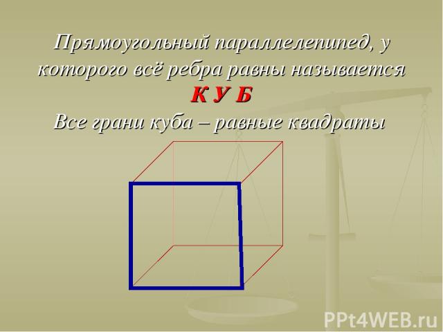 Прямоугольный параллелепипед, у которого всё ребра равны называется К У Б Все грани куба – равные квадраты