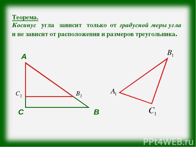 Теорема. Косинус угла зависит только от градусной меры угла и не зависит от расположения и размеров треугольника. А В С