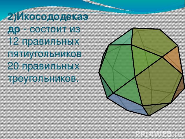 2)Икосододекаэдр - состоит из 12 правильных пятиугольников 20 правильных треугольников.