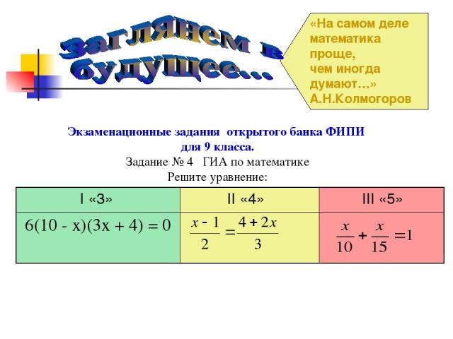«На самом деле математика проще, чем иногда думают…» А.Н.Колмогоров Экзаменационные задания открытого банка ФИПИ для 9 класса. Задание № 4 ГИА по математике Решите уравнение: I «3» II «4» III «5» 6(10 - х)(3х + 4) = 0