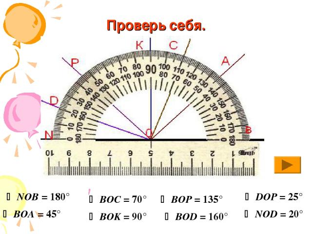 Проверь себя. NOB = 180° BOA = 45° BOC = 70° BOK = 90° BOP = 135° BOD = 160° NOD = 20° DOP = 25°