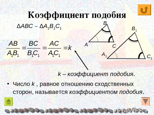 Коэффициент подобия Число k , равное отношению сходственных сторон, называется коэффициентом подобия. ΔAΒC ~ ΔA1Β1C1 k – коэффициент подобия.