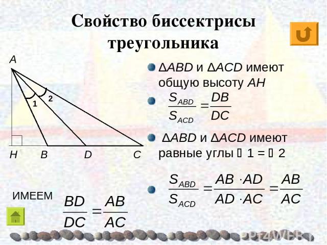 Свойство биссектрисы треугольника ΔABD и ΔACD имеют общую высоту AH ΔABD и ΔACD имеют равные углы 1 = 2 ИМЕЕМ