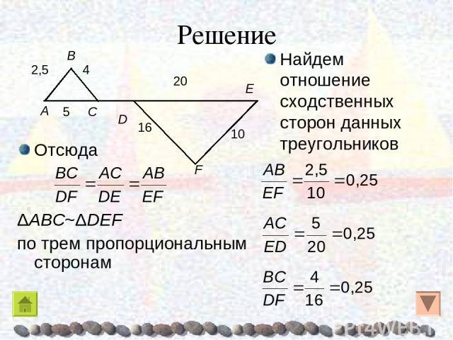 Решение Отсюда ΔABC~ΔDEF по трем пропорциональным сторонам Найдем отношение сходственных сторон данных треугольников