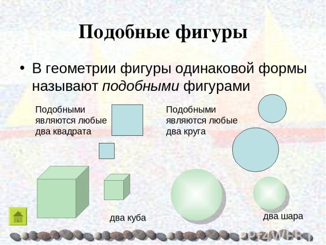 Подобные фигуры В геометрии фигуры одинаковой формы называют подобными фигурами Подобными являются любые два квадрата Подобными являются любые два круга два куба два шара