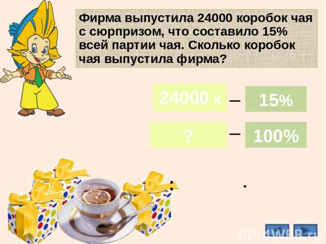 Фирма выпустила 24000 коробок чая с сюрпризом, что составило 15% всей партии чая. Сколько коробок чая выпустила фирма? 160000к 24000 к ? 15% 100% _ _ 24000 к 15% 100% : ·