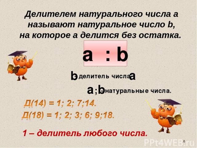a : b b a - делитель числа a ; b - натуральные числа. Делителем натурального числа а называют натуральное число b, на которое а делится без остатка.