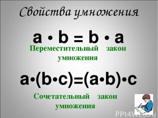 а • b = b • а a•(b•c)=(a•b)•c Свойства умножения Переместительный закон умножени