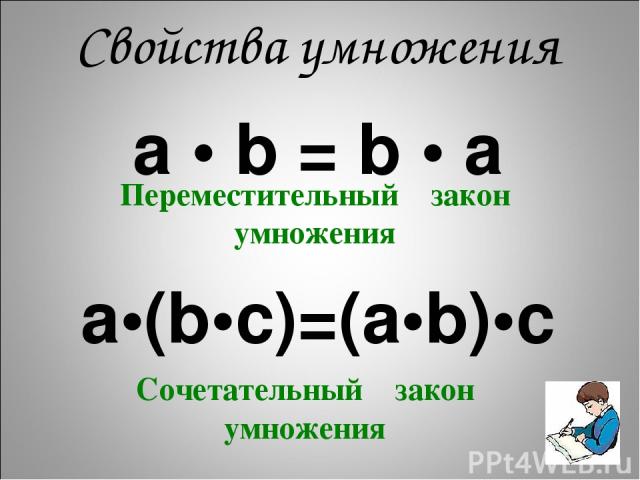 а • b = b • а a•(b•c)=(a•b)•c Свойства умножения Переместительный закон умножения Сочетательный закон умножения