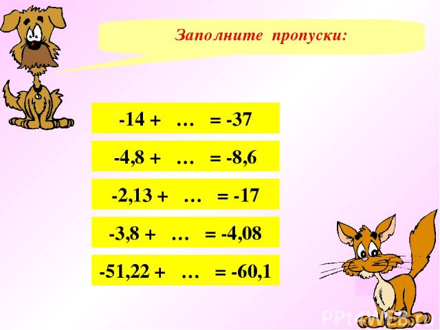 Заполните пропуски: -14 + … = -37 -4,8 + … = -8,6 -2,13 + … = -17 -3,8 + … = -4,08 -51,22 + … = -60,1 (-23) (-3,8) (-14,87) (-0,28) (-8,88)