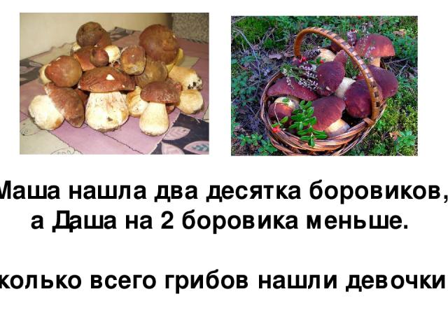 Маша нашла два десятка боровиков, а Даша на 2 боровика меньше. Сколько всего грибов нашли девочки?