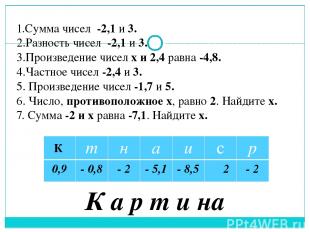 1.Сумма чисел -2,1 и 3. 2.Разность чисел -2,1 и 3. 3.Произведение чисел х и 2,4