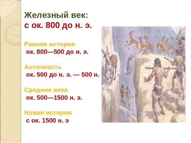 Железный век: с ок. 800 до н. э. Ранняя история ок. 800—500 до н. э. Античность ок. 500 до н. э. — 500 н. э. Средние века ок. 500—1500 н. э. Новая история с ок. 1500 н. э