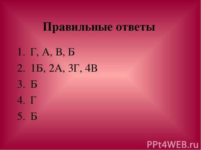 Правильные ответы Г, А, В, Б 1Б, 2А, 3Г, 4В Б Г Б