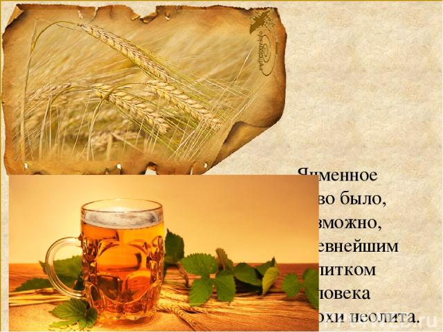Ячменное пиво было, возможно, древнейшим напитком человека эпохи неолита. Как материал для пивоварения, ячмень очень ценится и почти незаменим.