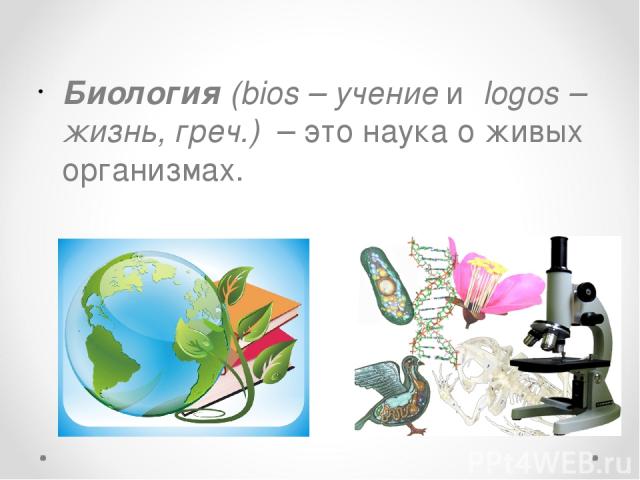 Биология (bios – учение и logos – жизнь, греч.) – это наука о живых организмах.