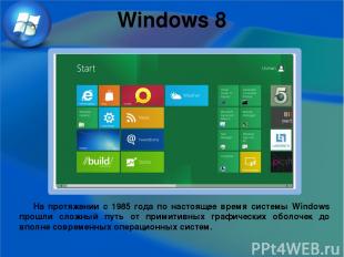 Windows 8 На протяжении с 1985 года по настоящее время системы Windows прошли сл