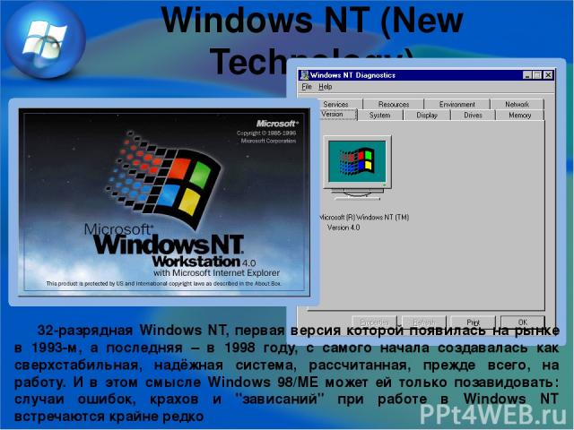 Windows NT (New Technology) 32-разрядная Windows NT, первая версия которой появилась на рынке в 1993-м, а последняя – в 1998 году, с самого начала создавалась как сверхстабильная, надёжная система, рассчитанная, прежде всего, на работу. И в этом смы…