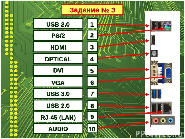Задание № 3 1 2 3 4 5 6 7 8 9 USB 2.0 10 PS/2 HDMI OPTICAL DVI VGA USB 3.0 USB 2.0 RJ-45 (LAN) AUDIO