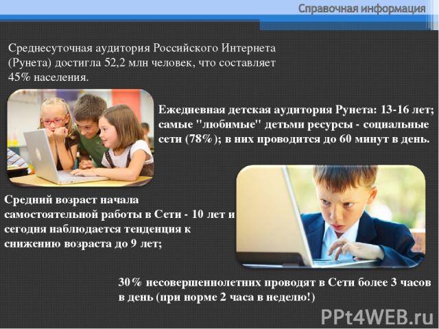 Среднесуточная аудитория Российского Интернета (Рунета) достигла 52,2 млн человек, что составляет 45% населения. Средний возраст начала самостоятельной работы в Сети - 10 лет и сегодня наблюдается тенденция к снижению возраста до 9 лет; 30% несоверш…