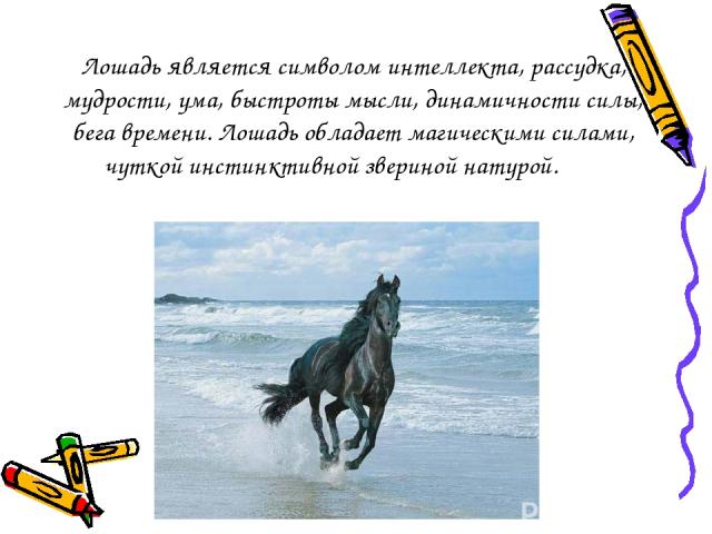 Лошадь является символом интеллекта, рассудка, мудрости, ума, быстроты мысли, динамичности силы, бега времени. Лошадь обладает магическими силами, чуткой инстинктивной звериной натурой.