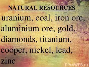 uranium, coal, iron ore, aluminium ore, gold, diamonds, titanium, cooper, nickel
