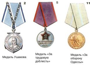 Медаль Ушакова Медаль «За трудовую доблесть» Медаль «За оборону Одессы»