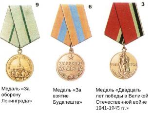 Медаль «За оборону Ленинграда» Медаль «За взятие Будапешта» Медаль «Двадцать лет