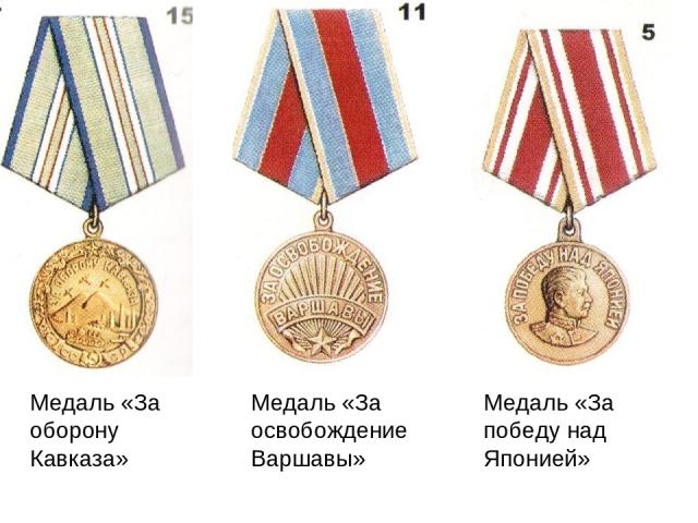 Медаль «За оборону Кавказа» Медаль «За освобождение Варшавы» Медаль «За победу над Японией»