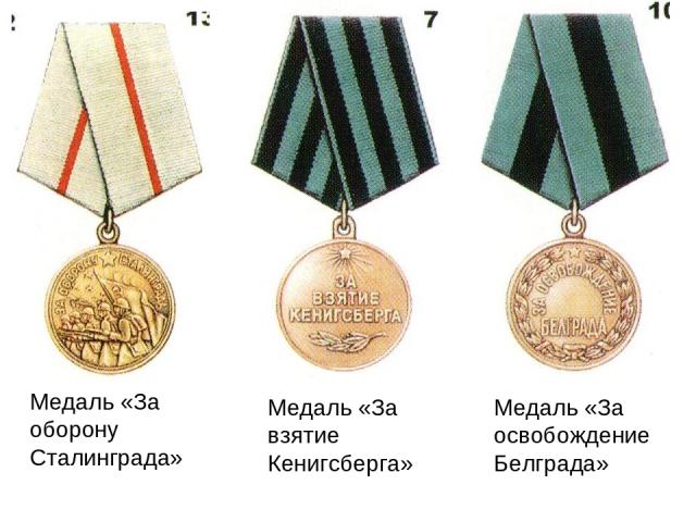 Медаль «За оборону Сталинграда» Медаль «За взятие Кенигсберга» Медаль «За освобождение Белграда»