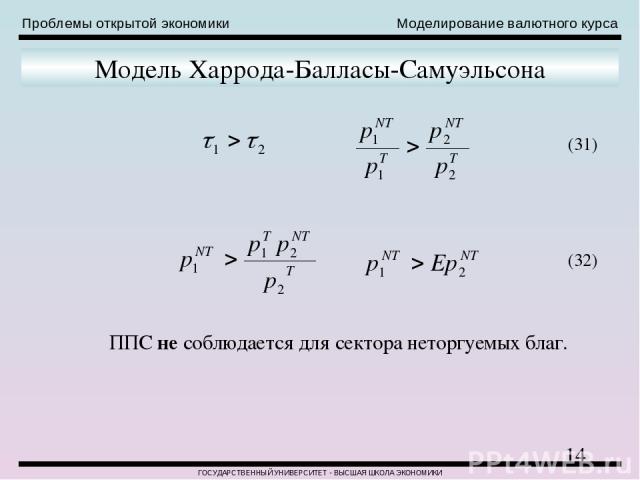 Проблемы открытой экономики Моделирование валютного курса ГОСУДАРСТВЕННЫЙ УНИВЕРСИТЕТ - ВЫСШАЯ ШКОЛА ЭКОНОМИКИ Модель Харрода-Балласы-Самуэльсона ППС не соблюдается для сектора неторгуемых благ. (31) (32)