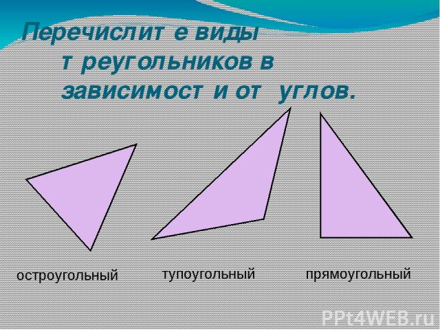 Перечислите виды треугольников в зависимости от углов. прямоугольный тупоугольный остроугольный