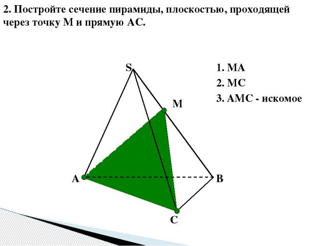 В А С S 2. Постройте сечение пирамиды, плоскостью, проходящей через точку М и прямую АС. М 1. МА 2. МС 3. АМС - искомое А↔М, т.к.А є( ABS) и М є (ABS) С↔М, т.к.Сє( СBS) и М є (СBS) АМС- искомое сечение. ( по т.15.1)