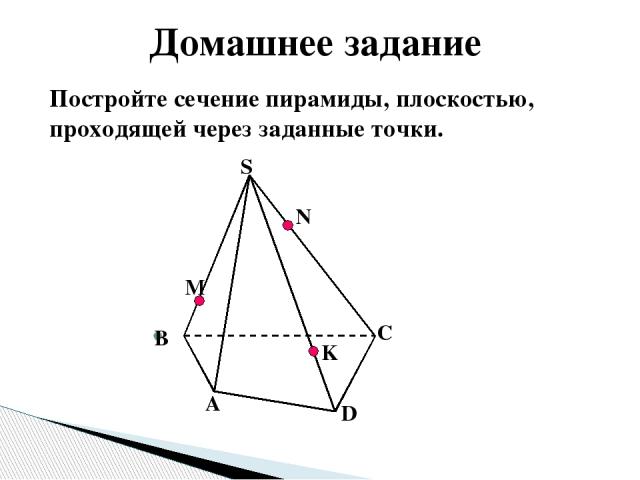 Постройте сечение пирамиды, плоскостью, проходящей через заданные точки. М N K A B C D S Домашнее задание