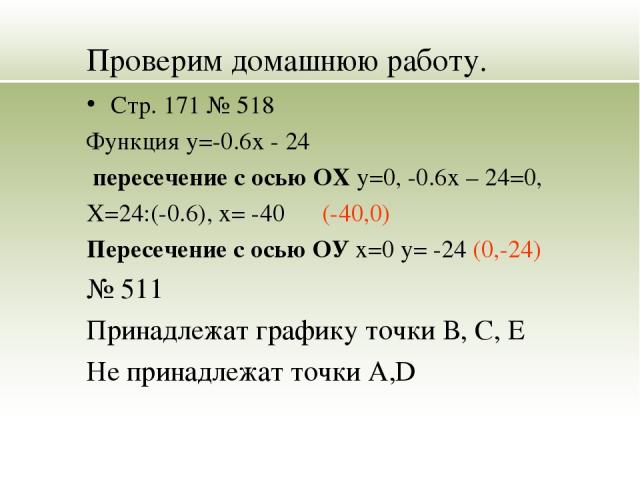 Проверим домашнюю работу. Стр. 171 № 518 Функция y=-0.6x - 24 пересечение с осью ОХ у=0, -0.6х – 24=0, Х=24:(-0.6), х= -40 (-40,0) Пересечение с осью ОУ х=0 у= -24 (0,-24) № 511 Принадлежат графику точки В, С, E Не принадлежат точки А,D