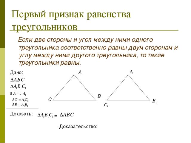 Первый признак равенства треугольников Если две стороны и угол между ними одного треугольника соответственно равны двум сторонам и углу между ними другого треугольника, то такие треугольники равны. Дано: Доказать: = А В С Доказательство: