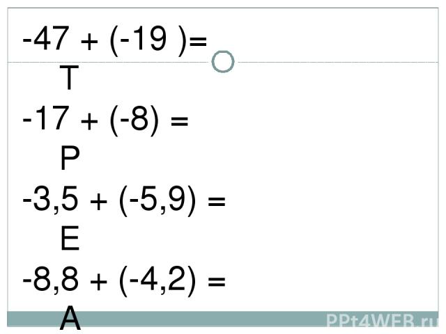 -47 + (-19 )= Т -17 + (-8) = Р -3,5 + (-5,9) = Е -8,8 + (-4,2) = А -5,9 + (-3,7) = К -3,75 + (-1,27) = Д Вычислите и расположите ответы в порядке убывания