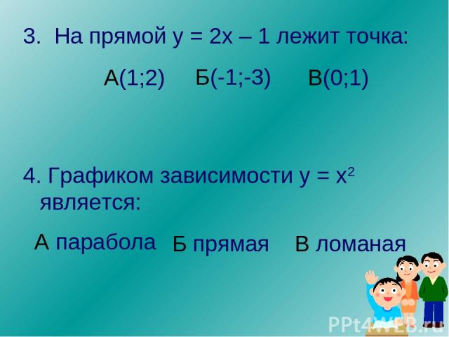 3. На прямой у = 2х – 1 лежит точка: А(1;2) В(0;1) 4. Графиком зависимости у = х2 является: Б прямая В ломаная Б(-1;-3) А парабола