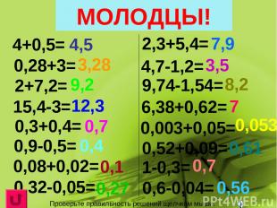 Вычислите устно 4+0,5= 0,28+3= 2+7,2= 15,4-3= 0,3+0,4= 0,9-0,5= 0,08+0,02= 0,32-