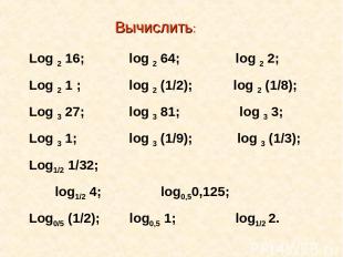 Log 2 16; log 2 64; log 2 2; Log 2 1 ; log 2 (1/2); log 2 (1/8); Log 3 27; log 3