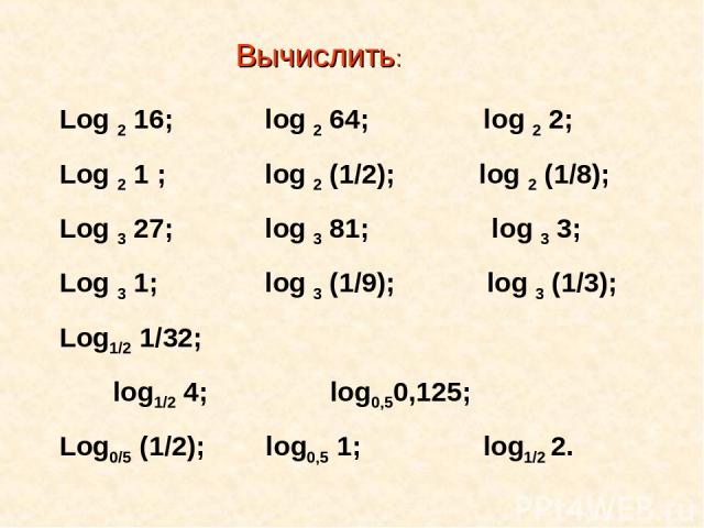 Log 2 16; log 2 64; log 2 2; Log 2 1 ; log 2 (1/2); log 2 (1/8); Log 3 27; log 3 81; log 3 3; Log 3 1; log 3 (1/9); log 3 (1/3); Log1/2 1/32; log1/2 4; log0,50,125; Log0/5 (1/2); log0,5 1; log1/2 2. Вычислить: